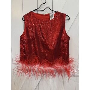 QUEEN OF SPARKLES Red Sequin Tank Red White Feathers Medium Christmas Valentine
